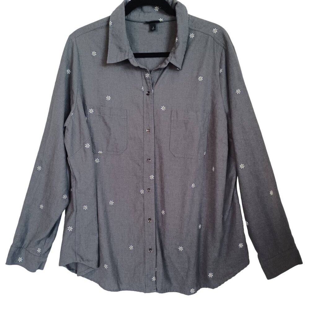 Torrid Shirt Daisy Embroidered Button Front Gray Cotton Taylor Womens 2X - Picture 1 of 12